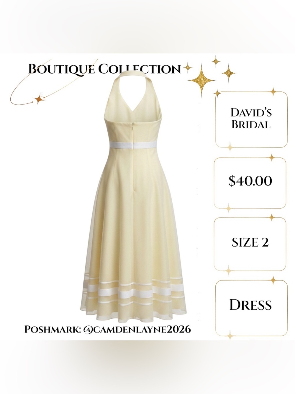 David's Bridal Butter Yellow Halter Mini Dress with Striped Hem - Picture 4 of 6